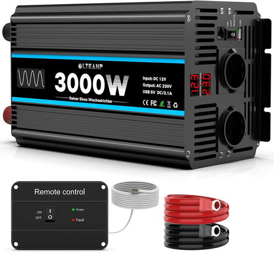 Inverter 12V to 230V pure sine wave 3000W voltage converter Inverter with EU connections and USB port -remote control and LED display For motorhome, caravan, camping - QUORE