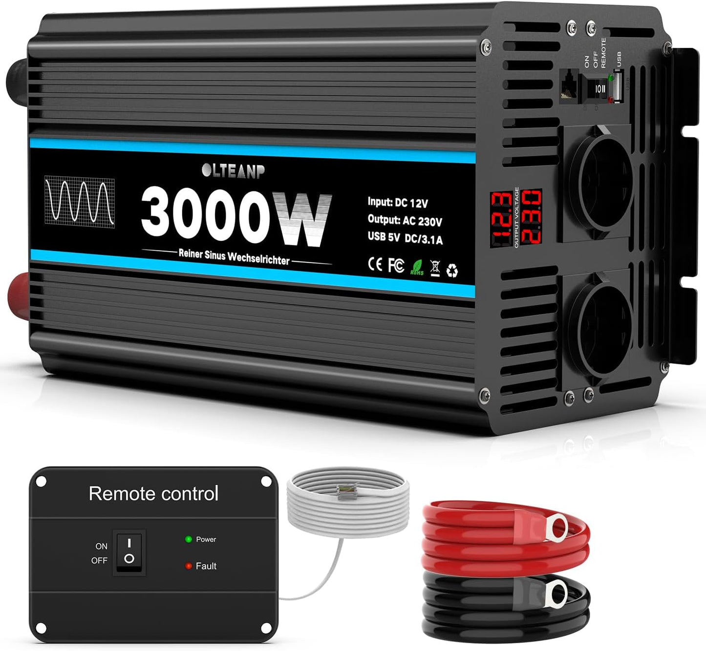 Omvormer 12V naar 230V zuivere sinus 3000W spanningsomvormer Omvormer met EU-aansluitingen en USB-poort -afstandsbediening en LED-display Voor camper, caravan, camping
