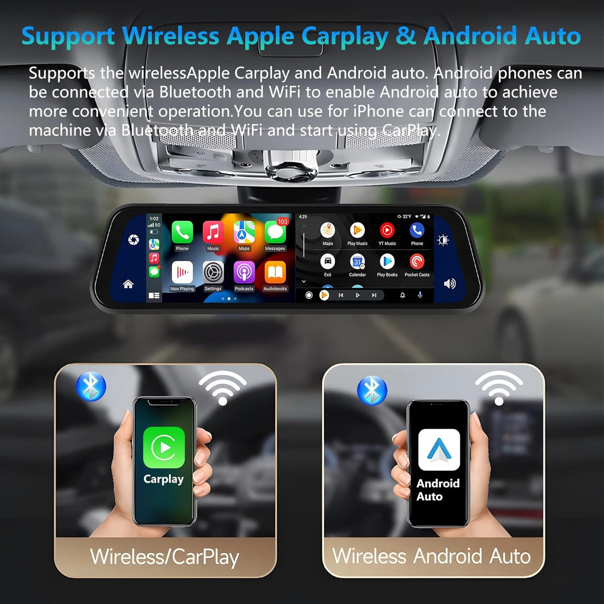 Podofo Mirror Dashcam met draadloze Carplay, Android Auto met HD achteruitrijcamera 9,66 inch IPS touchscreen Dual 1080P achteruitkijkspiegel Dashcam Dash Cam auto, 2 gedeelde schermen, Bluetooth