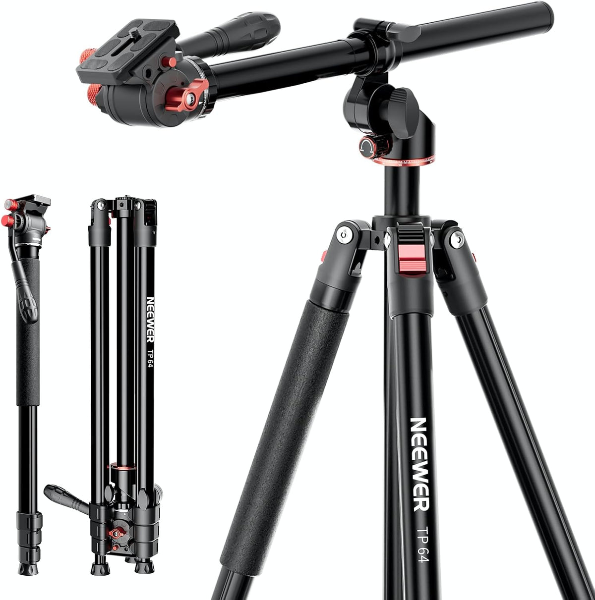 NEEWER Horizontaal monopod statief voor camera met vloeibare kop en flexibele middenkolom, 228 cm hoge metalen DSLR-video-reishouder, Arca-QR-code en omgekeerde voeten, belasting 6 kg, TP64