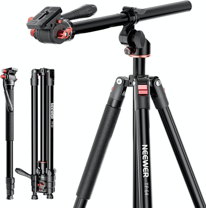 NEEWER Horizontaal monopod statief voor camera met vloeibare kop en flexibele middenkolom, 228 cm hoge metalen DSLR-video-reishouder, Arca-QR-code en omgekeerde voeten, belasting 6 kg, TP64