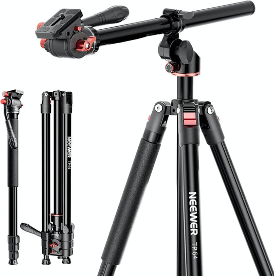 NEEWER Horizontaal monopod statief voor camera met vloeibare kop en flexibele middenkolom, 228 cm hoge metalen DSLR-video-reishouder, Arca-QR-code en omgekeerde voeten, belasting 6 kg, TP64