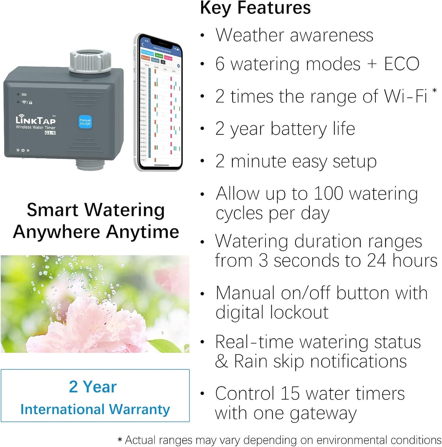 LinkTap G1S Draadloze Watertimer & Gateway - Cloudgestuurde Bewateringstimer met Slimme App voor Tuinen, Ruimer Bereik dan WiFi, Weerbewust, Manueel Aan/Uit & Digitale Lockout, IP66