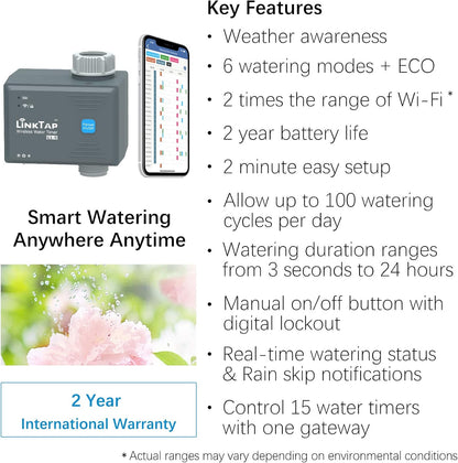 LinkTap G1S Draadloze Watertimer & Gateway - Cloudgestuurde Bewateringstimer met Slimme App voor Tuinen, Ruimer Bereik dan WiFi, Weerbewust, Manueel Aan/Uit & Digitale Lockout, IP66