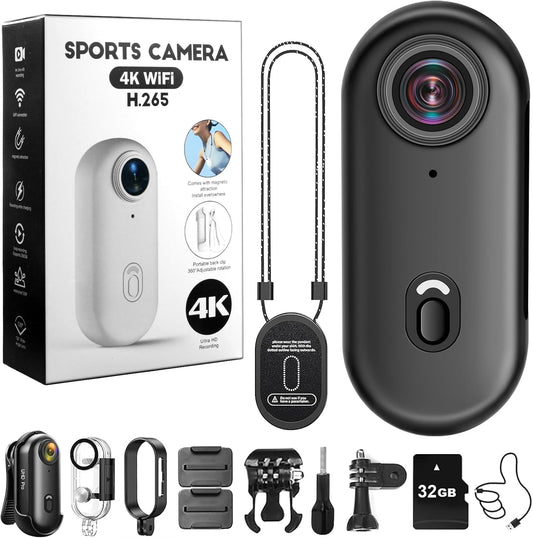 Actiecamera, wifi, 4K, 170° sport, actiecamera, HD, 32G, mini actie, wifi, fiets, motorfiets, helmcamera, waterdichte kleine lichaamscamera met magneet en 360°-clip voor outdoor-activiteiten