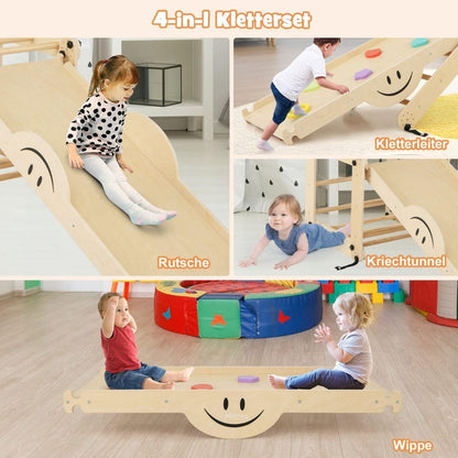 FANTASK Houten klimtoestel, naturel, indoor klimdriehoek, multifunctioneel, met omkeerbare helling, wip, verstelbare klimmer voor kinderen vanaf 3 jaar