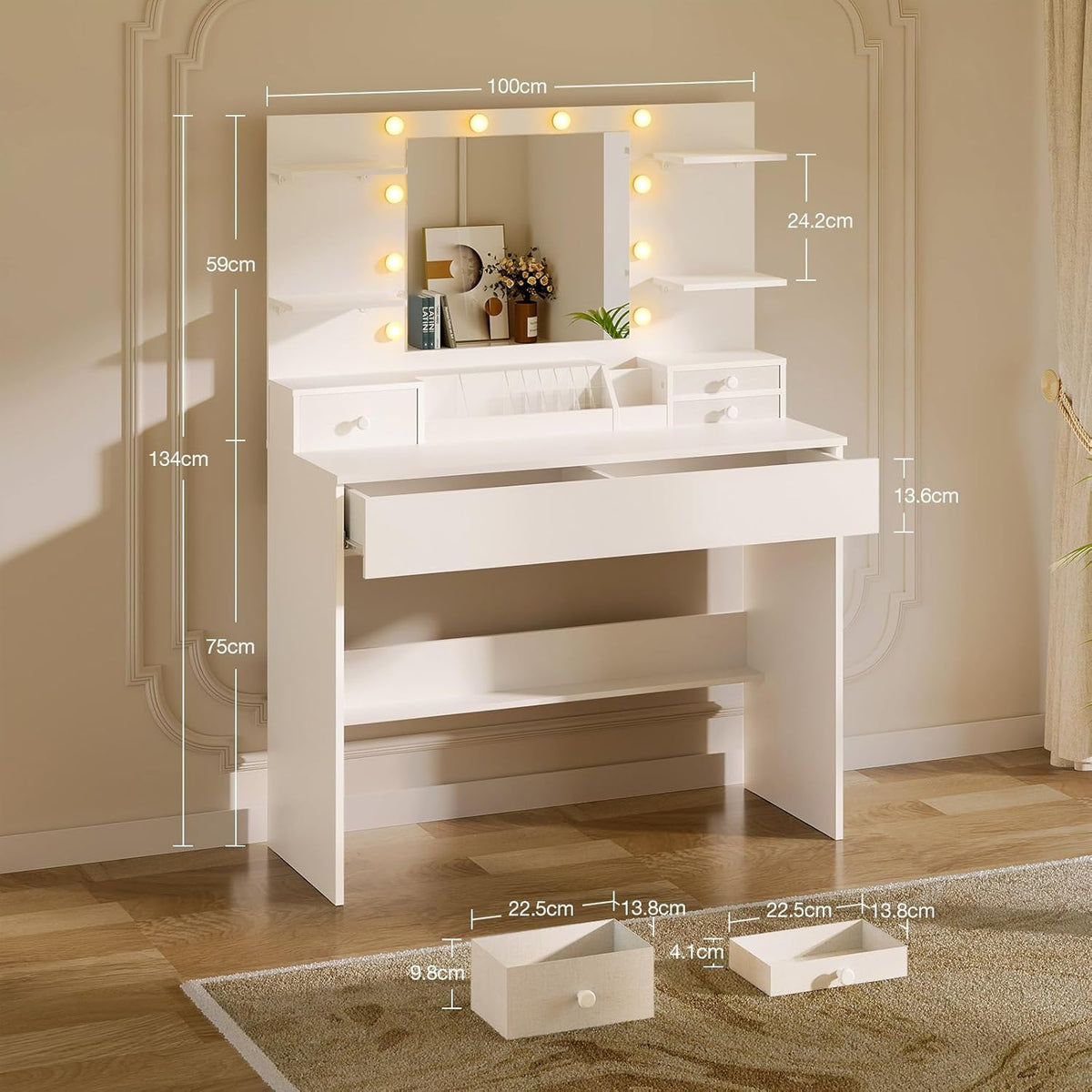 Make-up Tafel – Make-up Bureau – Toiletspiegel – Beautytafel – Schoonheidstafel – LED Spiegel met 10 Dimbare Lampen – 3 Kleuren & 9 Helderheidsniveaus – Laden en Gezoneerde Opslag – Wit 100x40x136 cm