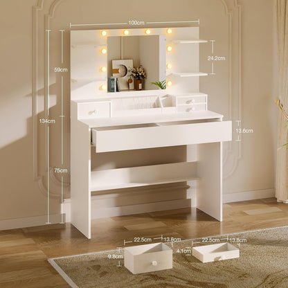 Make-up Tafel – Make-up Bureau – Toiletspiegel – Beautytafel – Schoonheidstafel – LED Spiegel met 10 Dimbare Lampen – 3 Kleuren & 9 Helderheidsniveaus – Laden en Gezoneerde Opslag – Wit 100x40x136 cm