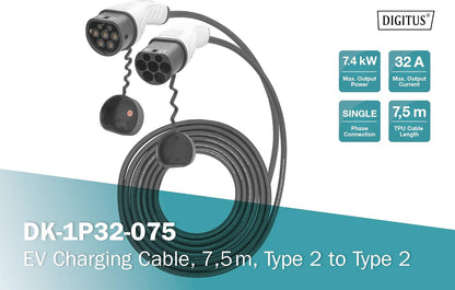 <font dir="auto" style="vertical-align: inherit;"><font dir="auto" style="vertical-align: inherit;">        DIGITUS Mode 3 Charging Cable for Electric Cars & PHEVs - 7.5 m - Type 2 to Type 2 - 1-phase - 32 A - 7.4 kW - Black       </font></font>