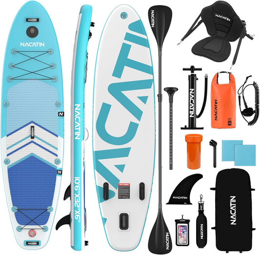 NACATIN Opblaasbare Paddle voor volwassenen, 25,6 cm, stand-up paddle, opblaasbaar, met verstelbare peddel, pomp, rugzak, waterdichte tas, ideaal voor alle vaardigheidsniveaus (optionele kajakstoel