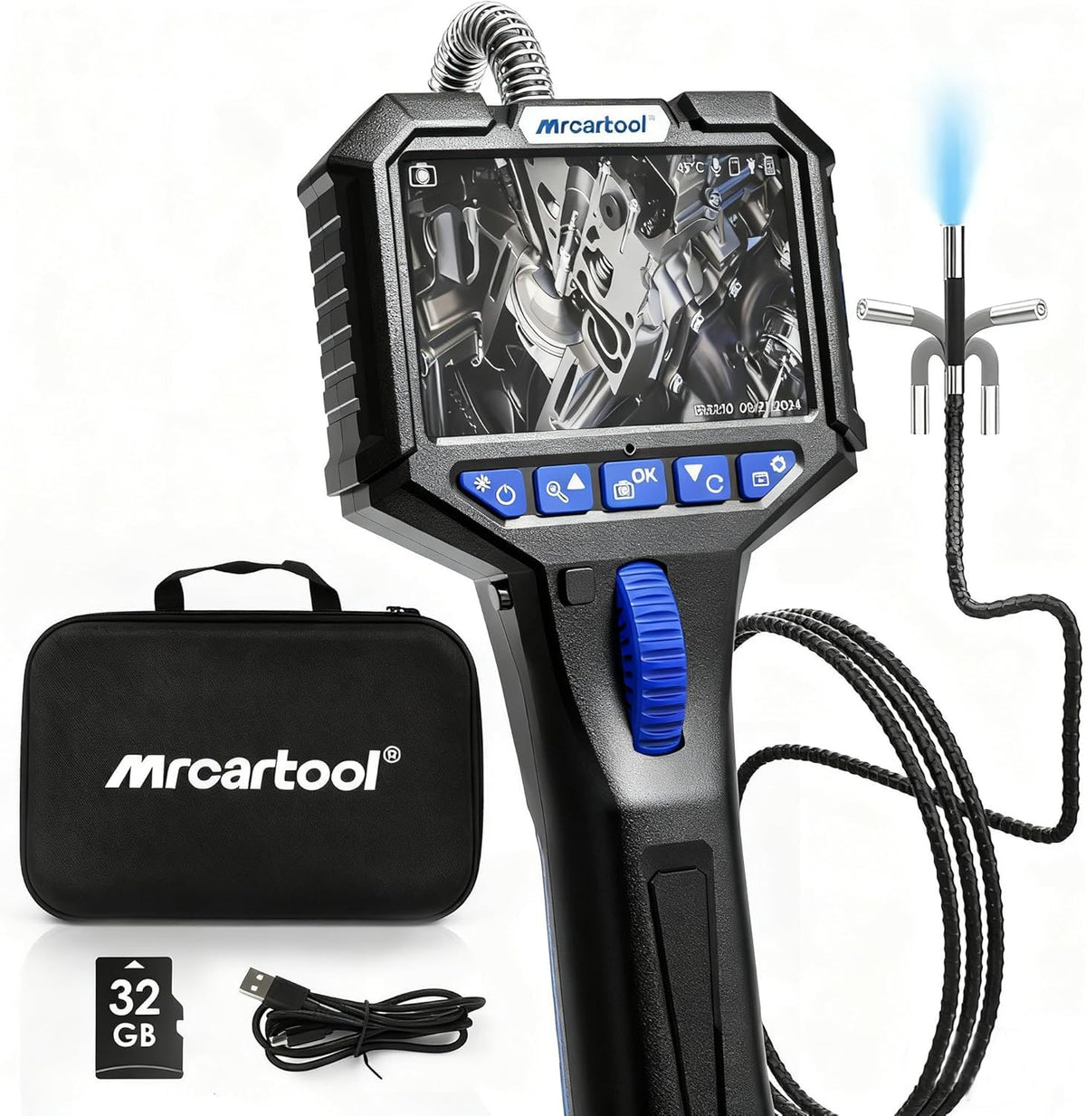 MR CARTOOL Endoscoopcamera met licht, inspectiecamera, 5 inch, IPS 1080P, industriële endoscoop, 210 graden, tweerichtingsdraaibaar, 6,35 mm endoscoop