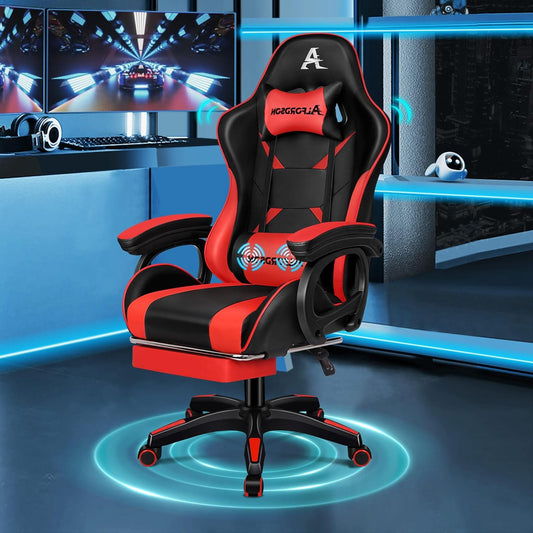 ALFORDSON Gaming Chair with 2-Point Massage, Ergonomic Office Chair, PU Leather with Footrests, Headrest, Lumbar Cushion, 150 Degree Adjustable Backrest, Red and Black - QUORE