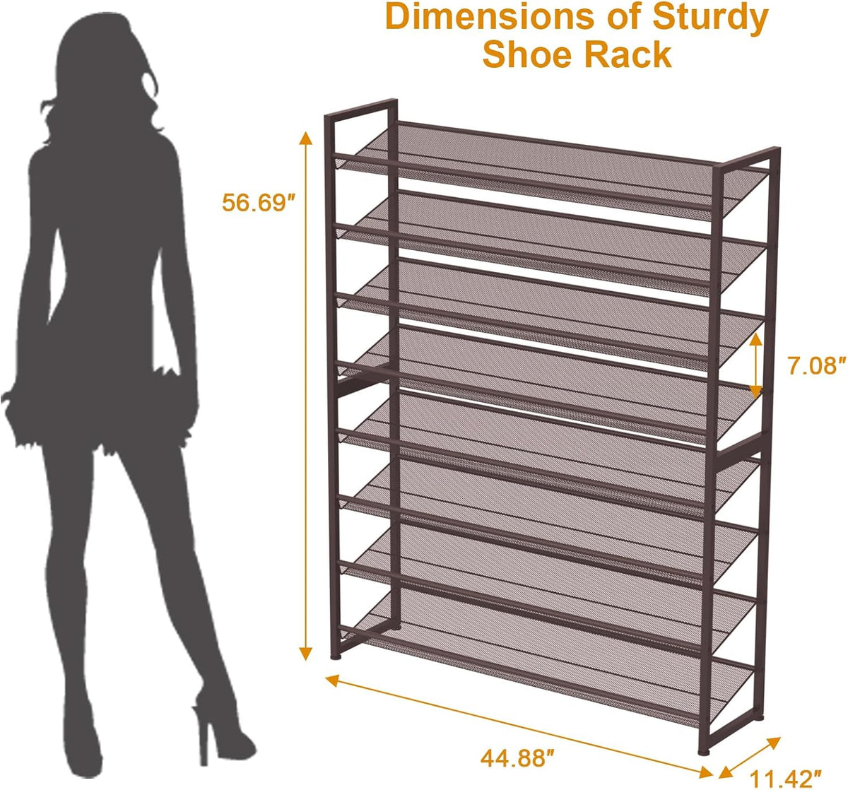 Large Shoe Rack with 8 Levels, Shoe Organizer, Robust Metal 4-Tier Stackable Shoe Rack for Cabinet Entrance, Up to 50 Pair, 114cm W x 29cm D x 143cm H, Bronze - QUORE