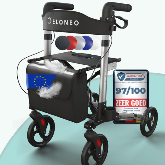 ELONEO Lichtgewicht Rollator met Zitje - Opvouwbare Aluminium Rollator voor Senioren, 8 Verstelbare Hoogtes, 3-voudig Opvouwbaar Loophulpmiddel met Tas & Parapluhouder, Past in Auto (Zilver)