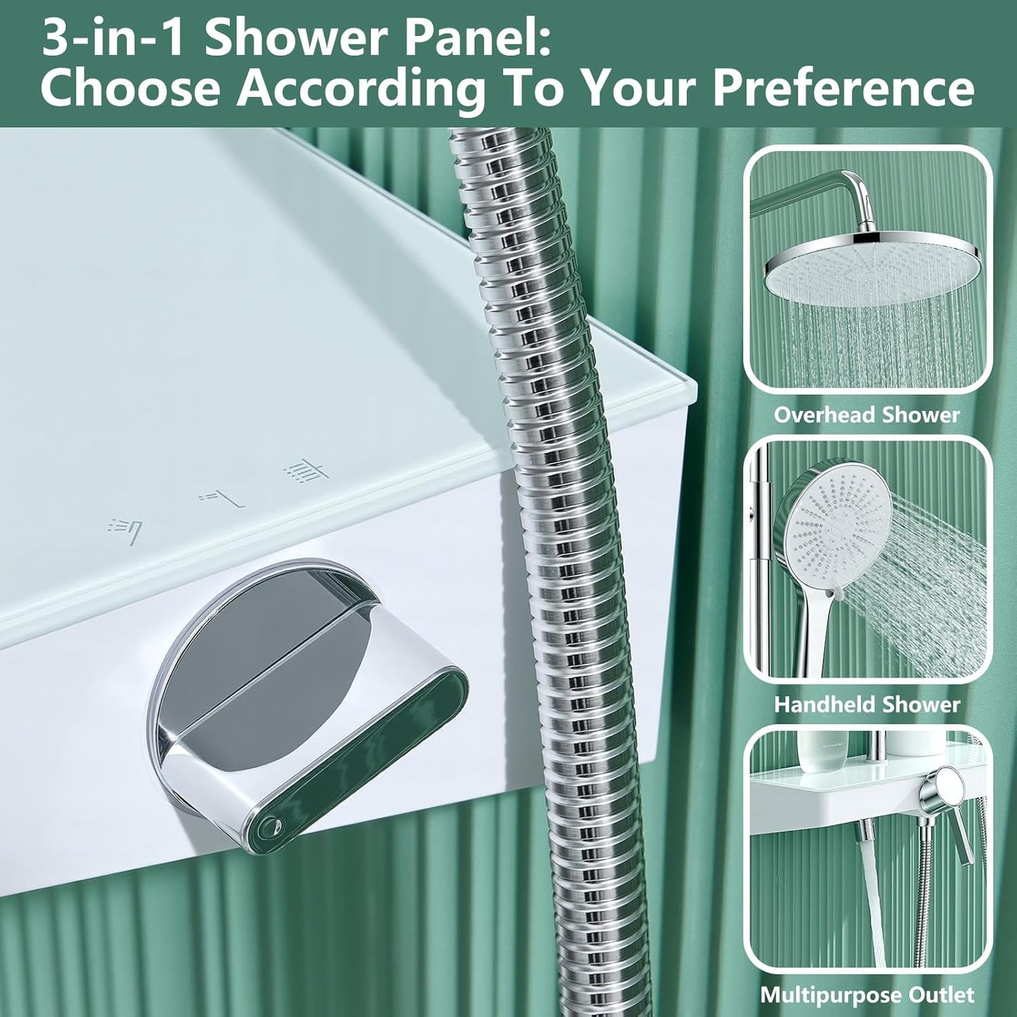 Douche Systeem – Doucheset – Regendouche – Handdouche – Douchekop – Glazen Plank – Eén Knop Bediening – Drie Instelbare Straalsoorten