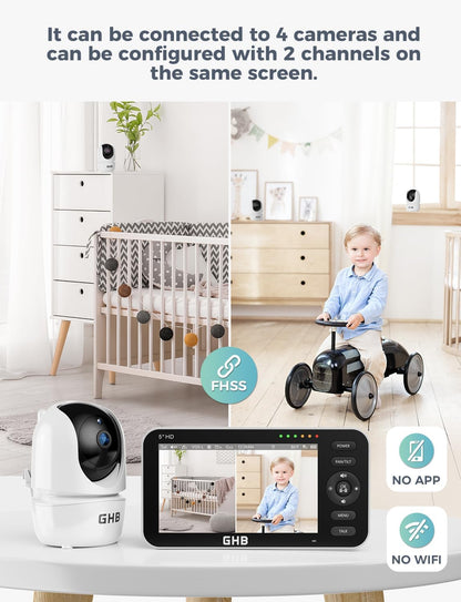 GHB Babyfoon met 2 camera's 5 inch 720P HD-display met tot 168 uur batterijduur in VOX-slaapmodus, tweerichtingscommunicatie, nachtzicht en temperatuurweergave
