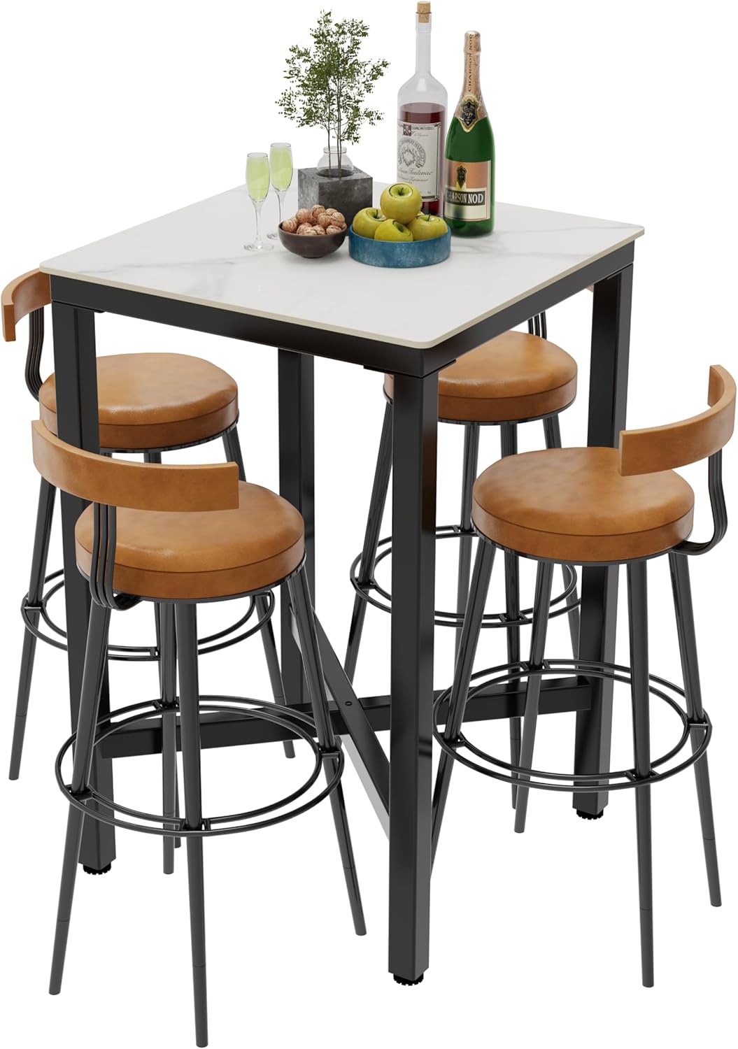 FATIVO Bartafel vierkant gesinterde steen: 70 x 70 cm glanzend wit marmeren staven tafels toonhoogte 105 cm cocktailtafel bar meubels voor thuis keuken ontbijt dineren, pub, coffeeshop, kantoor,