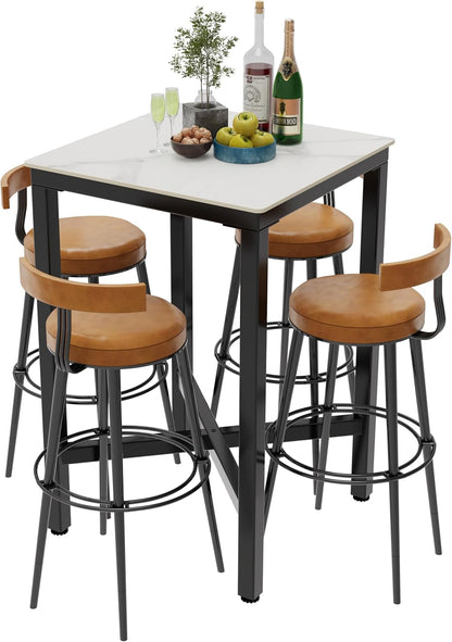 FATIVO Bartafel vierkant gesinterde steen: 70 x 70 cm glanzend wit marmeren staven tafels toonhoogte 105 cm cocktailtafel bar meubels voor thuis keuken ontbijt dineren, pub, coffeeshop, kantoor,