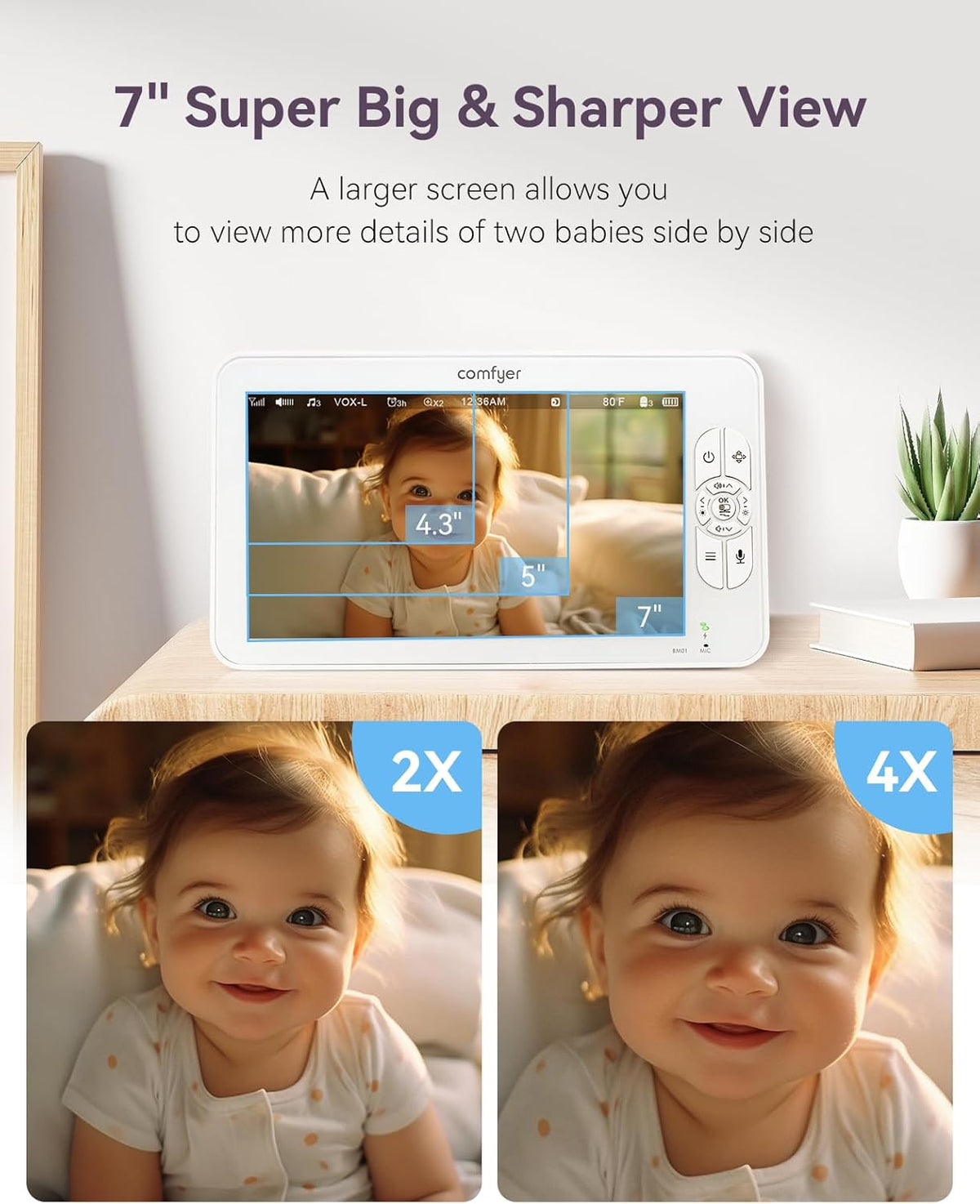 Babyfoon met 1080p camera, 7 inch, 720P HD-video, babymonitor met camera zonder wifi, 6000 mAh batterij, IR-nachtzicht, groothoeklens, 2-weg audio, vox-modus, 300 m bereik