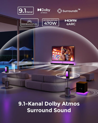 Soundbar Voor Tv – Soundbarsysteem – Tv Soundbar – Surround Systeem – Surround Set – 9.1-Kanaals Met 2 Achterluidsprekers – 470 W Met 6,5″ Draadloze Subwoofer
