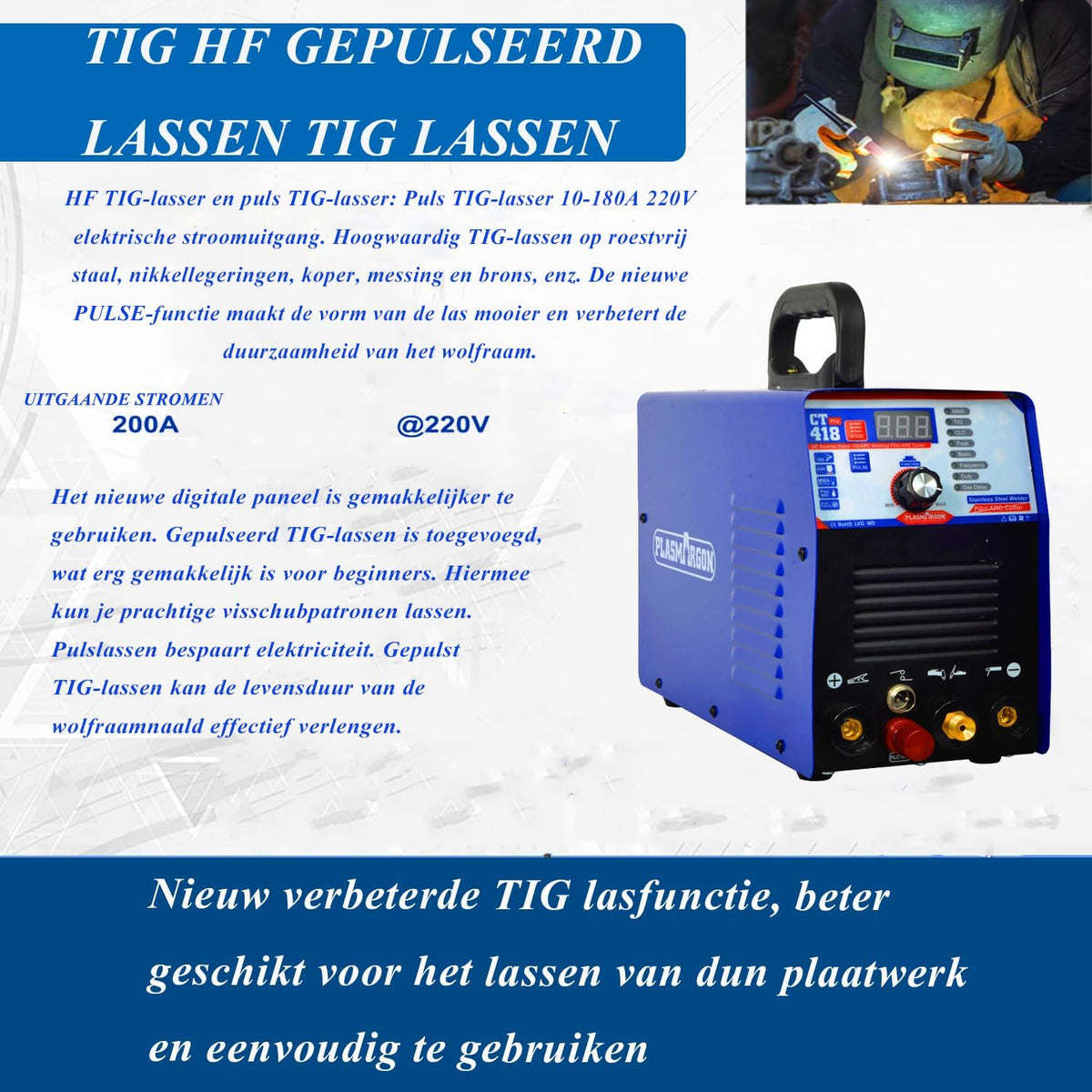 CT418P 3-in-1 combo plasmasnijder WIG lasapparaat MMA omvormer combo lasapparaat plasmasnijder TIG MMA | IGBT | digitaal LCD-scherm | HF-ontsteking CT418P