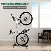 Fietsstandaard - Fiets Montagestandaard - Fietshouder - Vrijstaande Fiets-Vloerstandaard - met Vergrendelbare Wielen - In Hoogte Verstelbaar - voor Alle Fietstypes - tot 4inch Bandbreedte - Belastbaarheid tot 25kg - 85 x 68 x 43 cm - Zwart