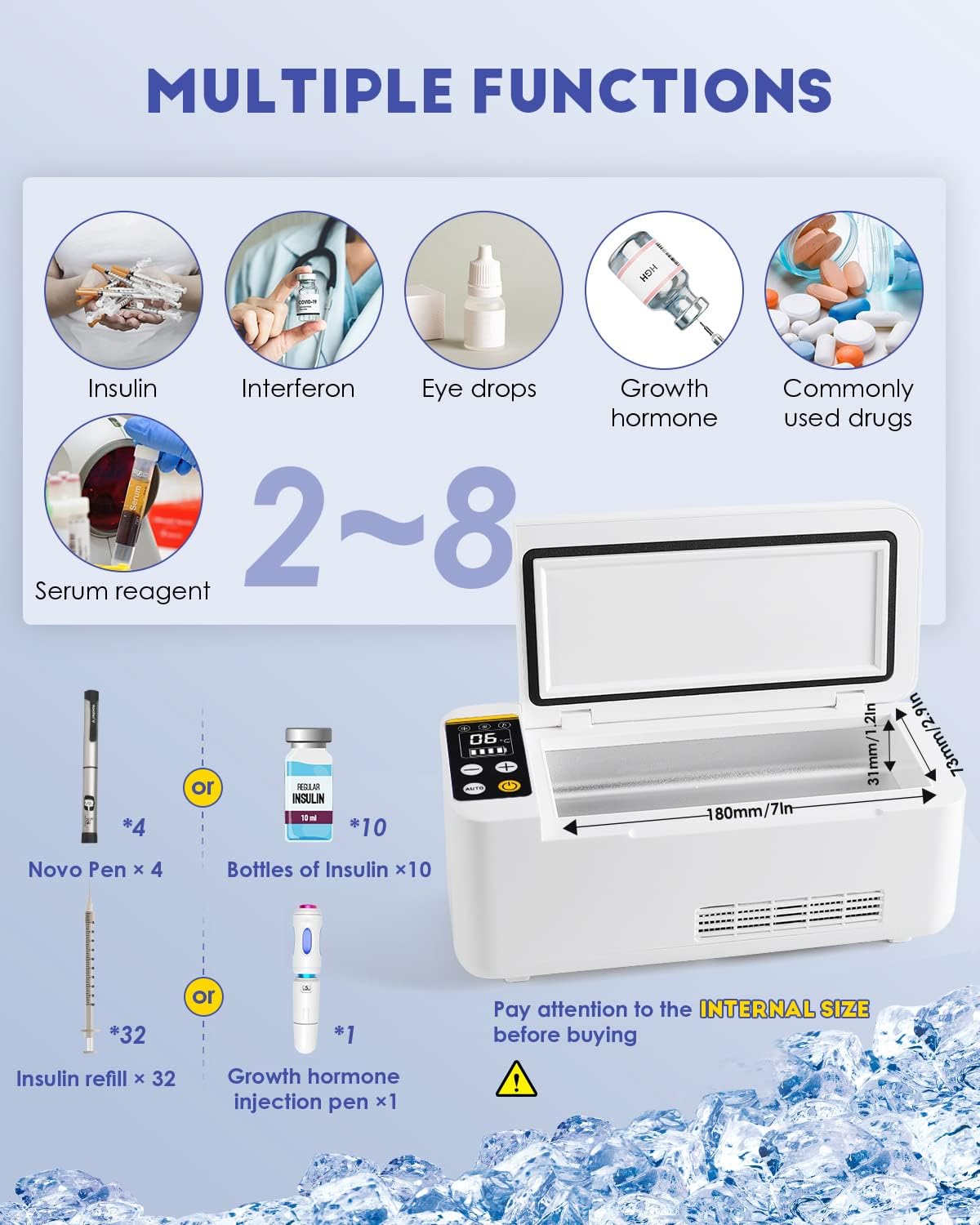 CGOLDENWALL Insuline-koelbox voor medicijnen, 2-20 °C, slimme elektrische mini-koelkast, 180 x 79 x 31 mm, grote capaciteit, meerdere laden voor reizen en huishouden