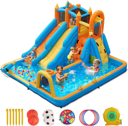FOOING Opblaasbaar waterglijkasteel met 2 glijbanen, klimwand, basketbalhoepel, springhuis voor kindertuin, springkasteel voor zomer, buitenzwembad, feest met veiligheidsnet