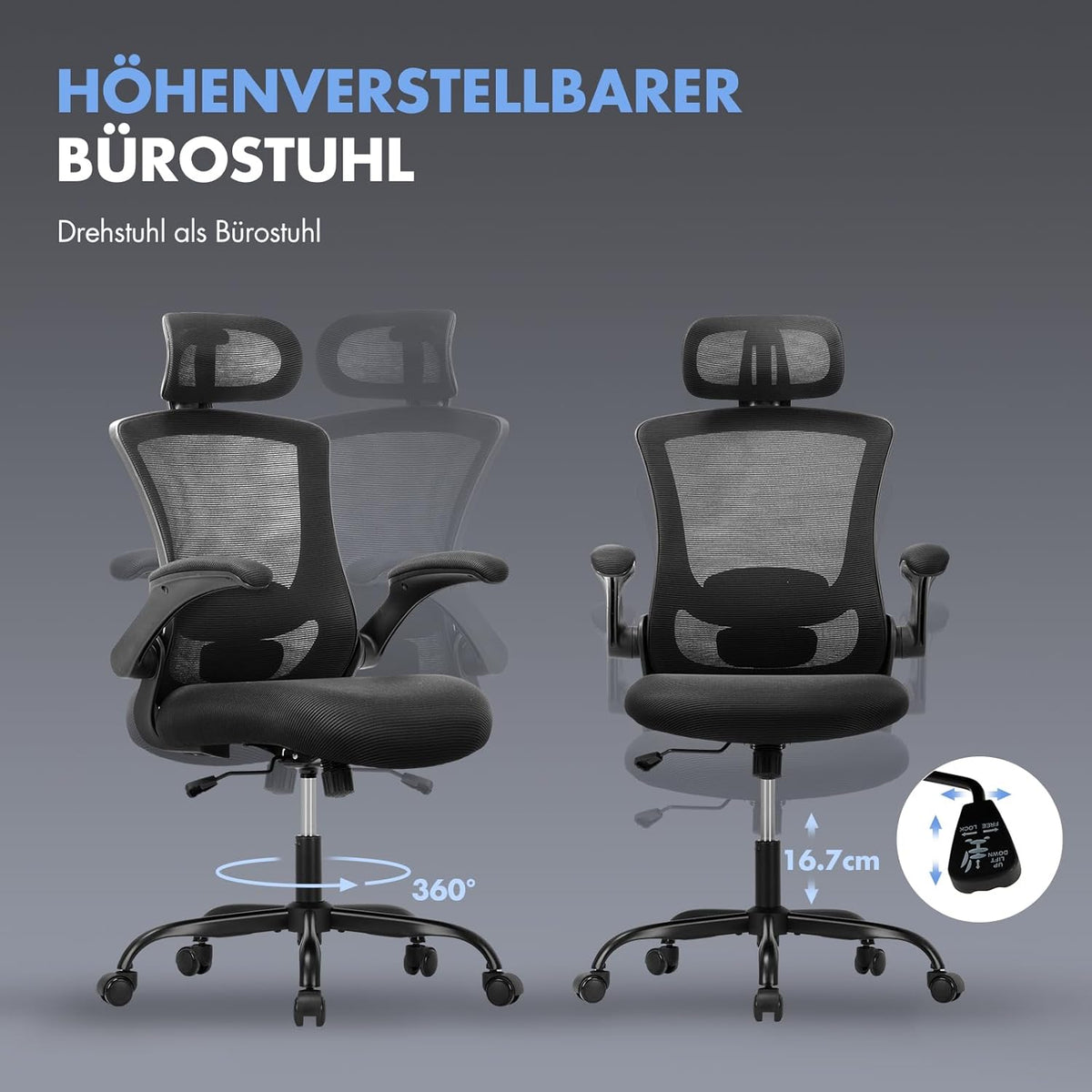 Ergonomische Bureaustoel – Office Chair – Werkstoel – Computerstoel – Desk Chair – Verstelbare Hoofdsteun en Lendensteun – Ademend Mesh Met 140 Graden Kantelfunctie