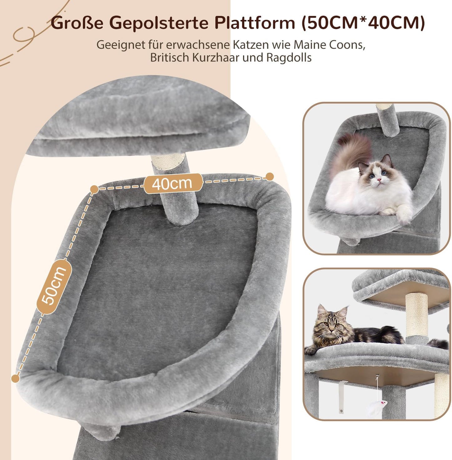 Globlazer cat tree xxl 194cm high with 2 Large Cat House, Hammock 50 * 40CM, Platform Lined Large, 2 Basket, Seat Rod, Huge Scratching Post for 3-5 Large Cats Rest Play Indoor (S76B, Light grey) - QUORE