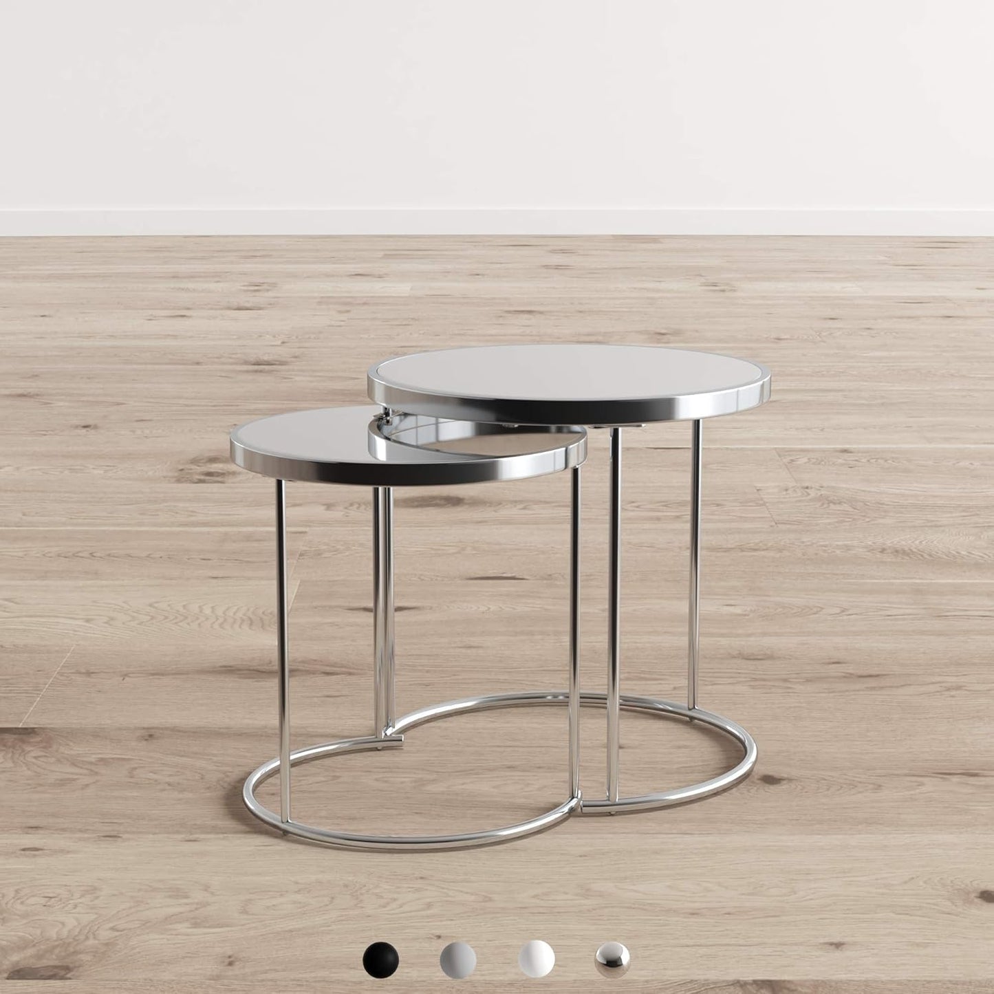 ASPECT Visio Set van 2 ronde Nesting Tafelblad, Spiegel/Chroom, 50x50x50 cm
