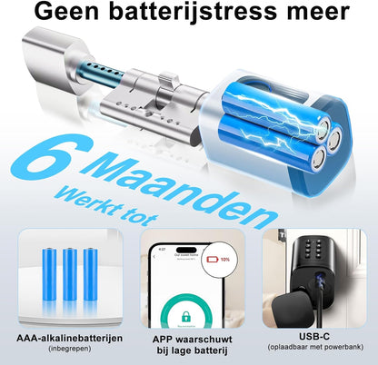 Deurslot, vingerafdrukslot, verstelbare lengte, elektronisch deurslot, smart lock met RFID-kaart, app, wifi, bluetooth-ontgrendeling, verlengaccessoires, 60-90 mm, zilver