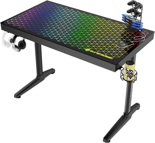 EUREKA ERGONOMIC Glazen gamingtafel met RGB 110 x 60 cm gaming bureau glas gamer PC computertafel met muzieksynchronisatie, app-bediening, hoofdtelefoonhaak, bekerhouder