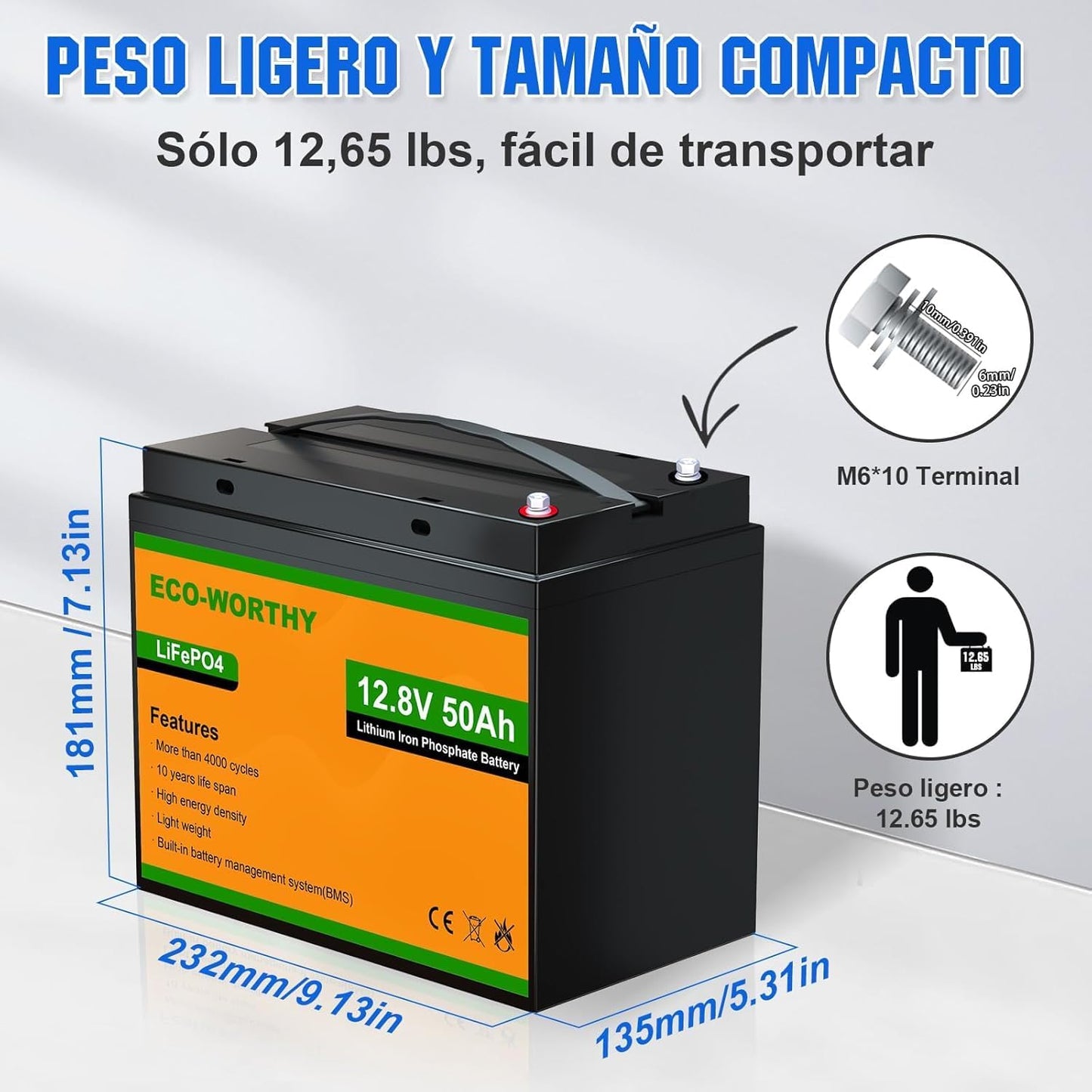 LiFePO4 Accu 12,8V 50Ah – Lithium Accu – Camper Accu – Boot Accu – Solar Accu – Compact & Lichtgewicht – 50A BMS Bescherming & Lange Levensduur