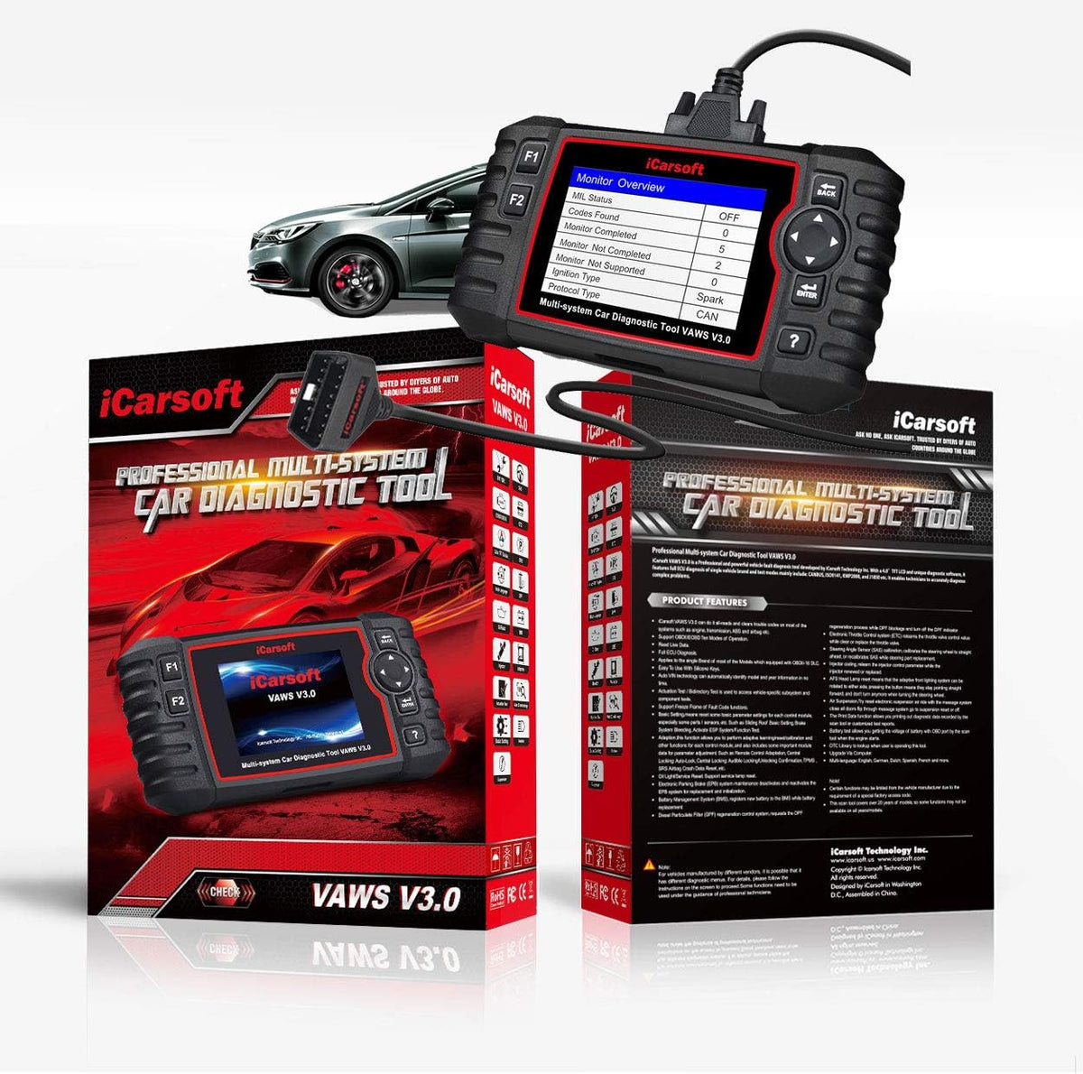 iCarsoft VAWS V3.0 professioneel en krachtig diagnostisch apparaat voor Audi/VW/Seat/Skoda-voertuigen met OBD II, scherm 10 cm/4,0 inch TFT LCD