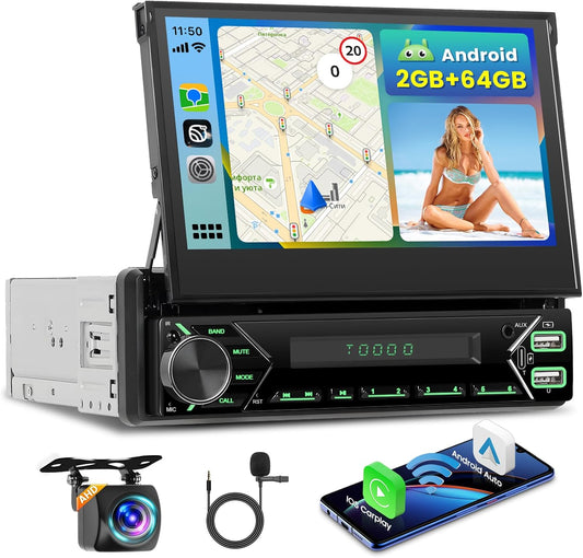 Inefala 2G+64G Android 13 Autoradio 2 Din met 7 Inch Uittrekbaar Scherm, Draadloze Carplay & Android Auto, Auto Radio Bluetooth met GPS WiFi FM/RDS BT SWC Achteruitrijcamera+Microfoon