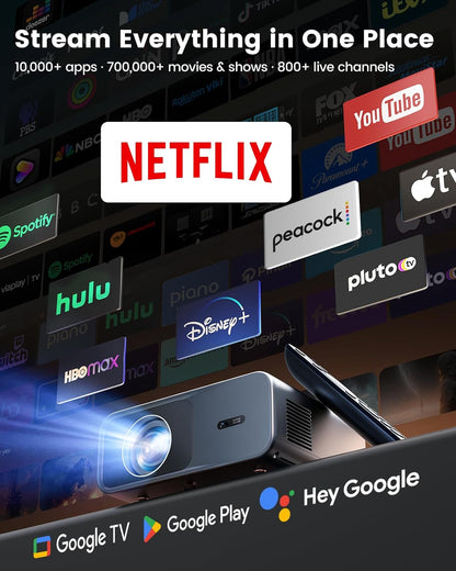 4K-beamer met Google TV & Netflix/Disney+, Dolby Audio, 1000 ANSI Smart Beamer, 4K autofocus, trapeziumcorrectie, HDR10, spraakbediening, wifi, Bluetooth, Full HD 1080p, thuisbioscoop/outdoor