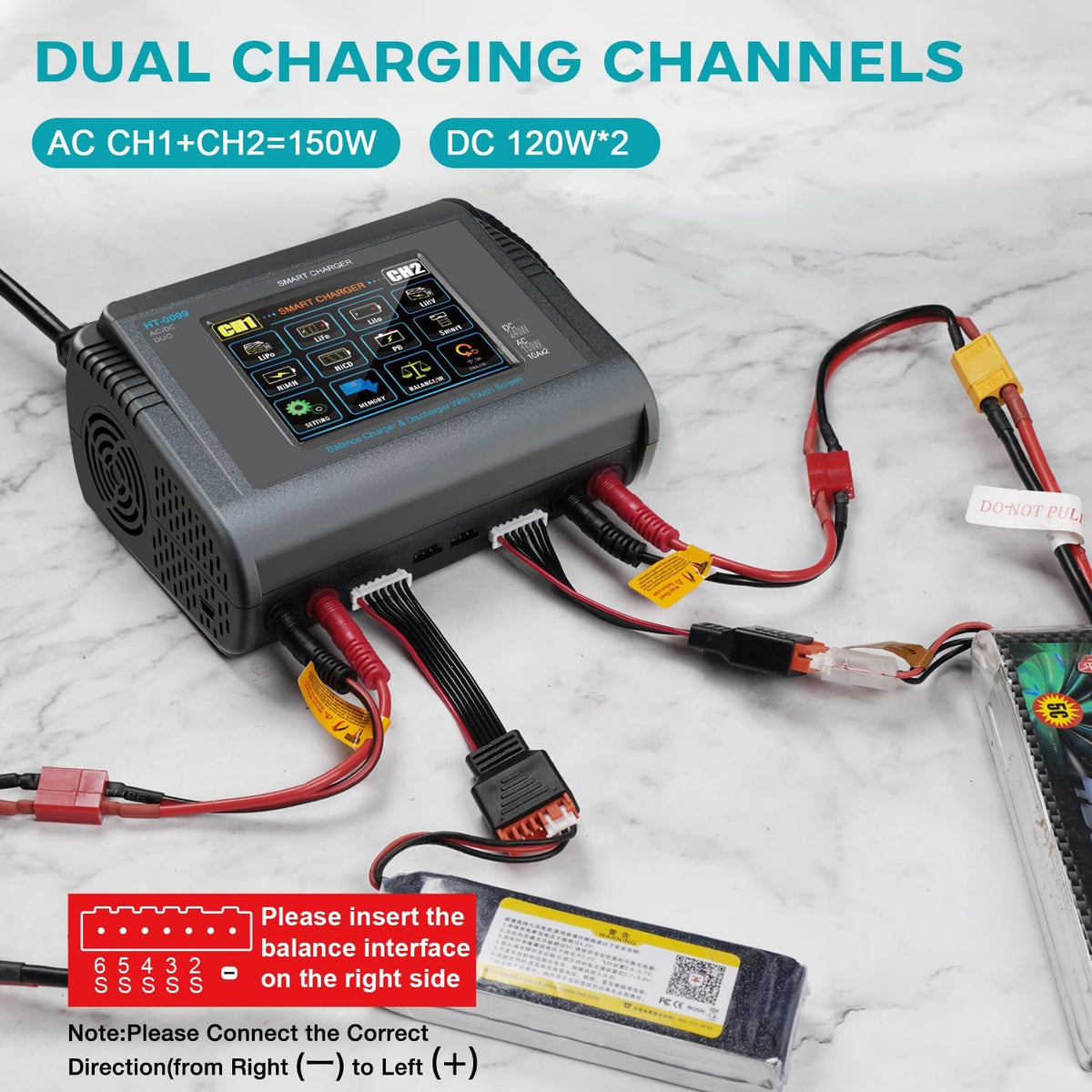 Batterijoplader – Acculader – LiPo Oplader – Balancer – Ontlader – Dual Kanaals – Touchscreen Display – 150W AC / 240W DC