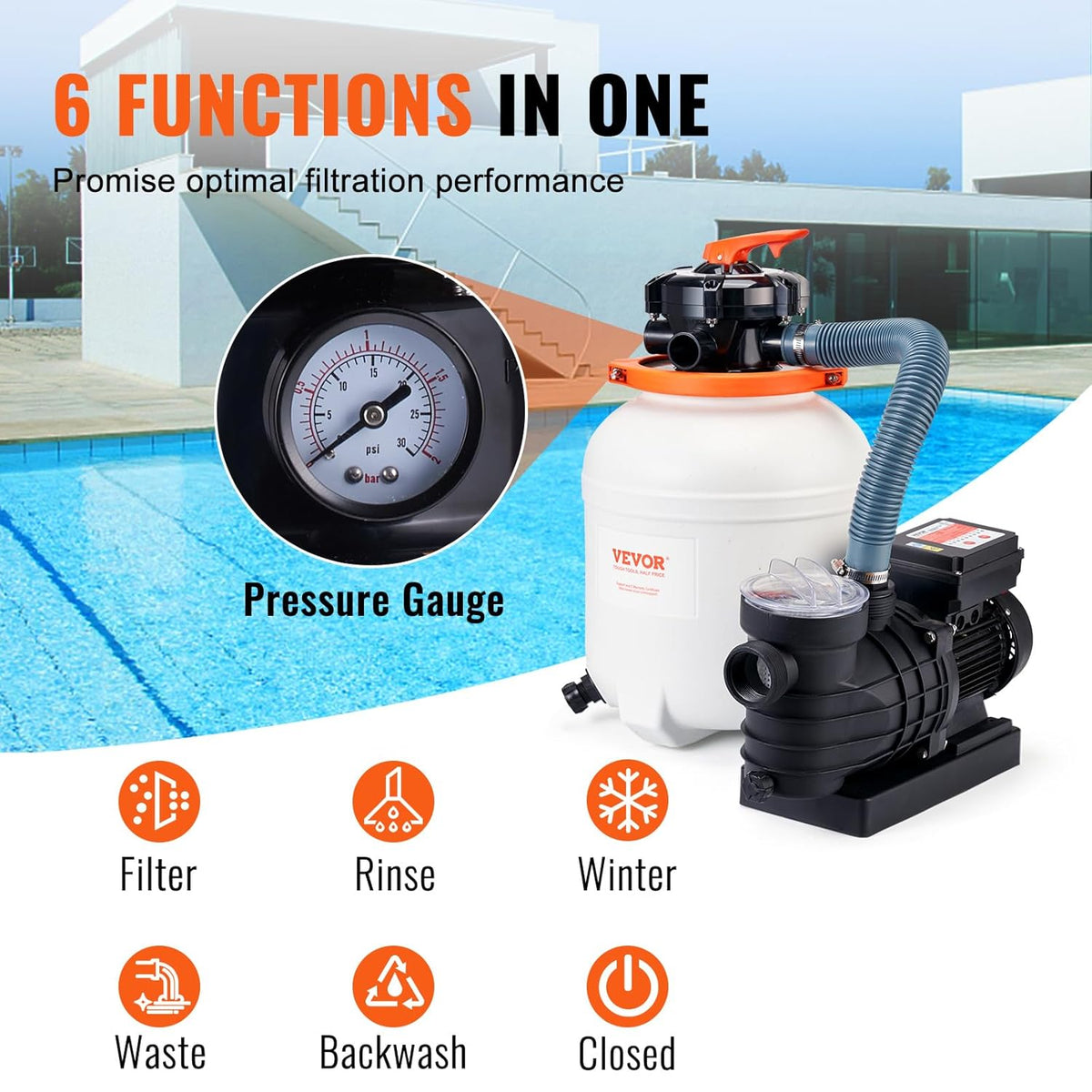 VEVOR Zandfilterpomp met 3000 GPH, voor bovengrondse vloeren, zandfilter 30,5 cm (12 inch), zwembadpomp met 1/2 pk, digitale programmeertimer, combiset van filters met