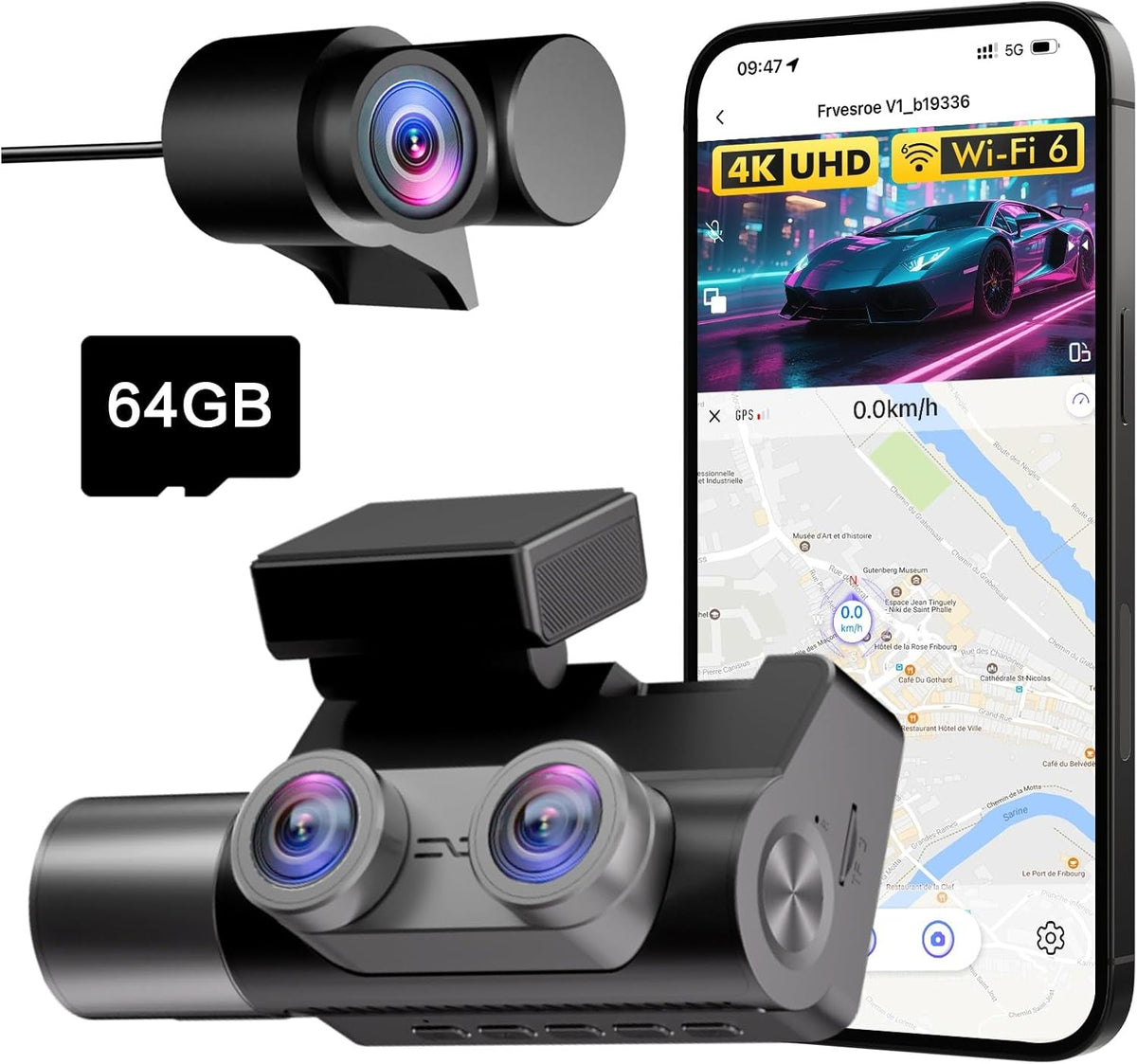 3-Kanaals Dashcam Auto, 4K UHD Voorkant + Full HD Achter + Interieur, Dashcam met 24u Parkeerbewaking, WiFi 6 & GPS, HDR/WDR Nachtzicht, 3 inch IPS dash cam met 64GB kaart (V1)