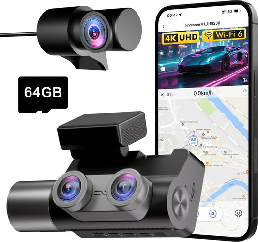 3-Kanaals Dashcam Auto, 4K UHD Voorkant + Full HD Achter + Interieur, Dashcam met 24u Parkeerbewaking, WiFi 6 & GPS, HDR/WDR Nachtzicht, 3 inch IPS dash cam met 64GB kaart (V1)