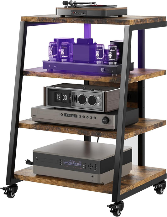 HIFI Stand platenspeler standaard, 4-laags houten planken met stekkerdozen, LED-verlichting, wielen, in hoogte verstelbare AV-media-opslag audiorek toren voor draaitafel/printer/Sky Box/TV