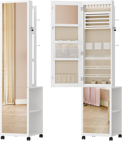 Hzuaneri Jewelry and Wardrobe with 8 LEDs, 165cm Jewelry Storage System with 1 Clothes Rack, Lockable Full Length Mirror with 4 Wheels, Storage Shelves with Hooks, White and Beige JC17003BE