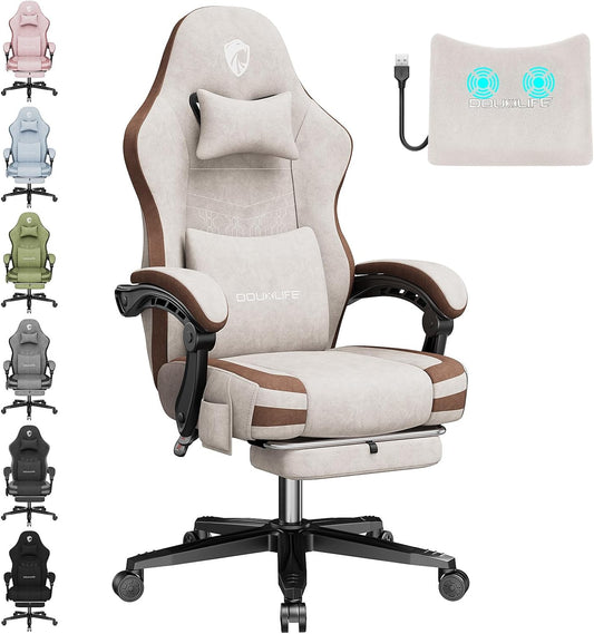 Douxlife Gaming stoel, stof met massagefunctie, verbreed veerzitkussen, ergonomische bureaustoel, pc-gamerstoel, stoel met voetensteun, 158 kg, beige
