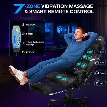 Douxlife Gaming Stoel, met 7-punts Massage, Ergonomische bureaustoel met Voetensteun, 90-175° Rugleuning Instelbaar, Verstelbare 2D-Armleuning, PC-gamerstoel, Bureaustoel, 180 kg, Diepzwart