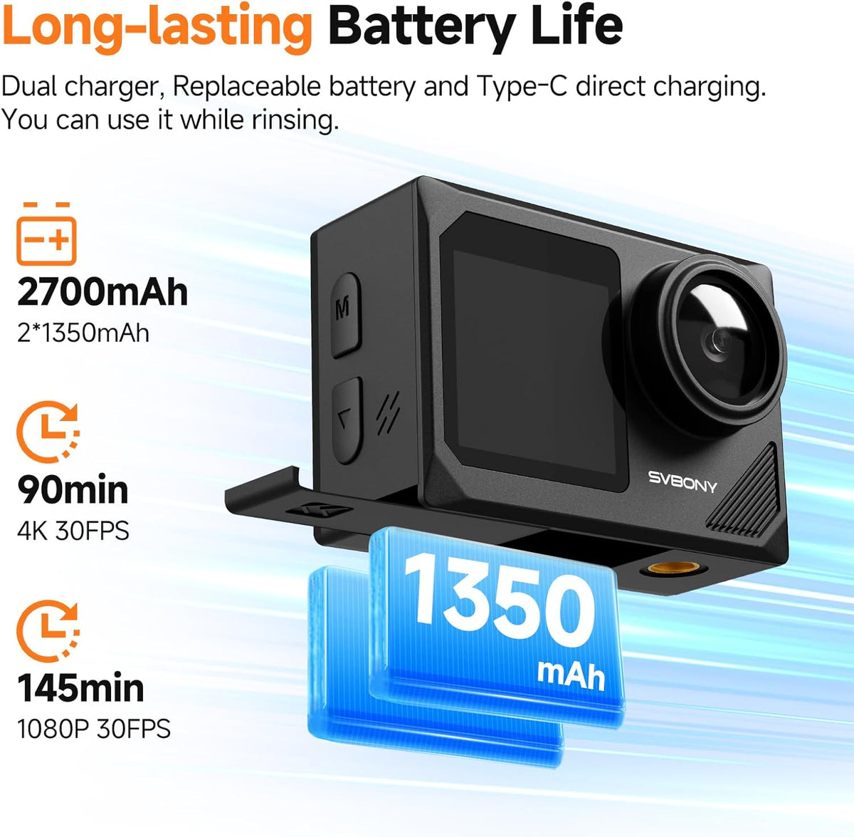 SVBONY SvGo2 Action Camera 4K30FPS, 20MP, Waterdichte Behuizing Onderwatercamera 30M, 5x Zoom Touchscreen Sportcamera's, met Bekabelde Microfoon, EIS Anti-shake, Afstandsbediening, voor Sport Vlog