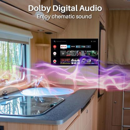 SYLVOX 32 inch smart-tv voor campers, Ingebouwde dvd-speler, Android TV Sat-satellietontvanger, 12 Volt voor camper en vrachtwagen 1080P FHD, ondersteunt wifi Bluetooth, 2 HDMI en 2 USB, frameloos
