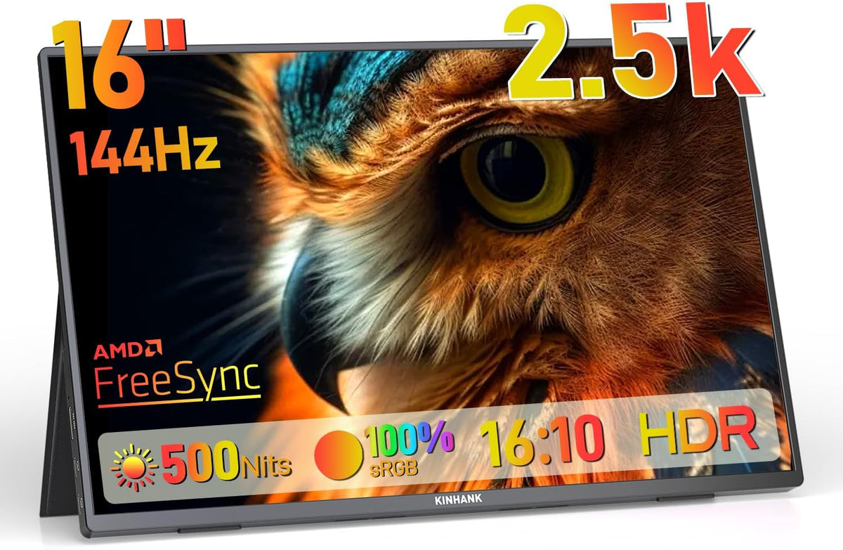 2.5K Draagbaar Monitor, 144Hz | 16" | 500Nits | QHD | HDR | 100% sRGB, FreeSync, IPS Eye Care Draagbare Sscherm, Gaming Monitor voor Laptop/PC/MacBook/Phones/Tablet/PS5/4/Xbox/HDMI/USB C