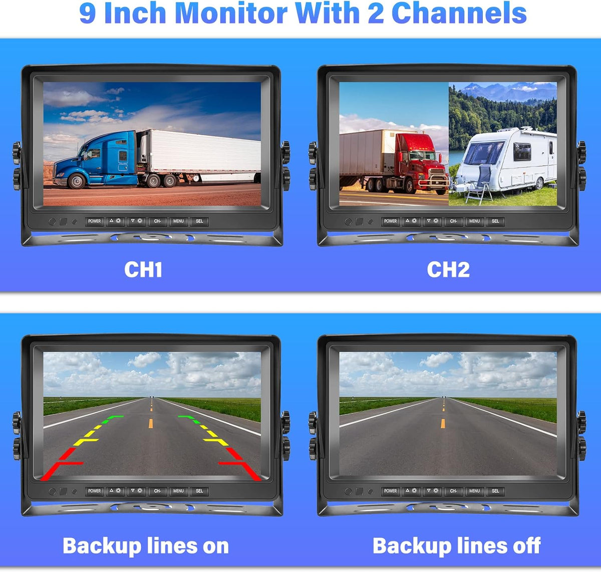 Hikity Achteruitrijcamera, set van 2 camera's, 9 inch lcd-monitor, groothoek, nachtzicht, IP69 waterdicht, 1080p backup camera, 32G SD-kaart voor vrachtwagen, aanhanger, bus, bestelwagen, landbouw,