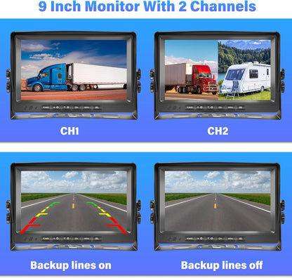 Hikity Achteruitrijcamera, set van 2 camera's, 9 inch lcd-monitor, groothoek, nachtzicht, IP69 waterdicht, 1080p backup camera, 32G SD-kaart voor vrachtwagen, aanhanger, bus, bestelwagen, landbouw,